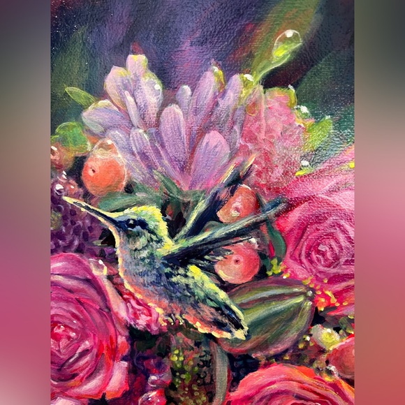 Original hummingbird floral painting bumblebee ladybug bouquet flowers gift USA - Picture 6 of 8